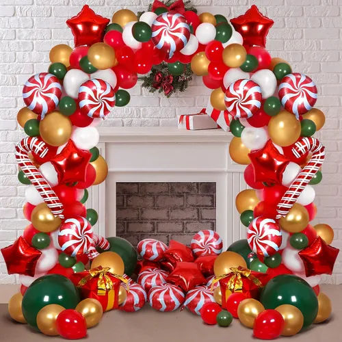 Vista 5 de RUODON Kit de arco de globos de Navidad, 233 piezas con dulces, bastón, látex, caja de regalo y globos de estrella para decoraciones de fiesta