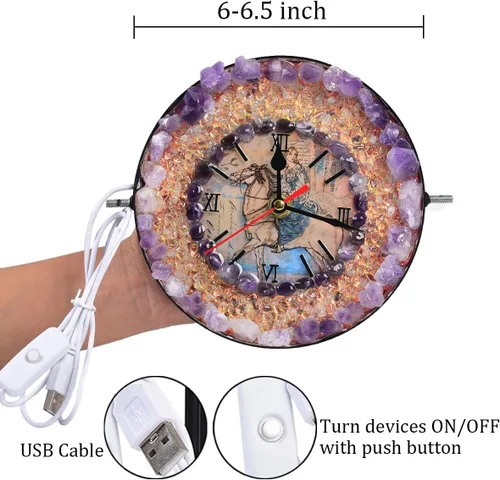 Vista 3 de JIC Gem Reloj de cristal de amatista con lámpara, reloj decorativo de escritorio, piedra de amatista púrpura, puerto USB, luz nocturna, decoración