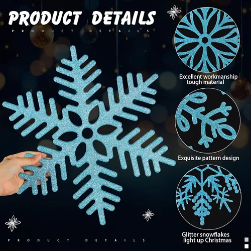Vista 3 de Sratte 24 adornos de copo de nieve grandes de 16 pulgadas, copos de nieve colgantes decorativos con purpurina gigante, 6 diseños de adornos