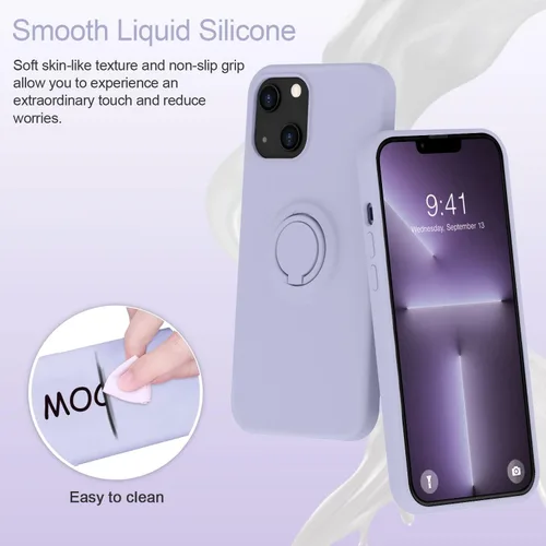Vista 2 de MOCCA Funda compatible con iPhone 13 de 6.1 pulgadas con soporte de anillo Silicona líquida Forro de microfibra Funda protectora antiarañazos