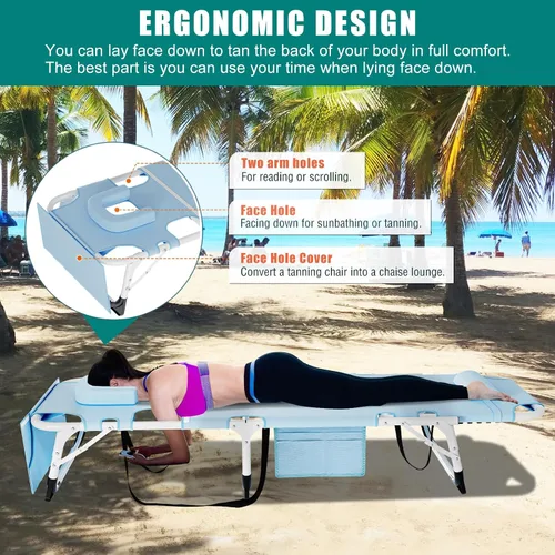 Vista 3 de DoCred Silla de bronceado 3 en 1 con agujero para brazo facial, sillas tumbonas plegables de alta resistencia, silla de salón al aire libre de 5