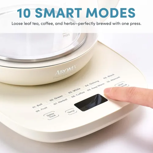 Vista 2 de AROMA® Hervidor de té eléctrico de vidrio de infusión profesional con control de temperatura y 10 modos preestablecidos (6 tazas, 1.5 litros)