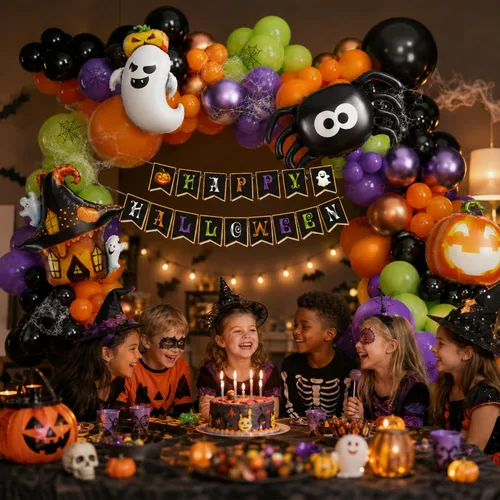 Vista 4 de Tesochye 161pcs Halloween Balloon Garland Kit with Happy Halloween Banner Black Orange Green Purple