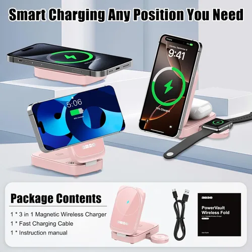 Vista 7 de Estación de carga inalámbrica MagSafe 3 en 1, cargador rápido magnético de 15 W para iPhone serie 17/16/15/14/13/12, Apple Watch y AirPods, soporte