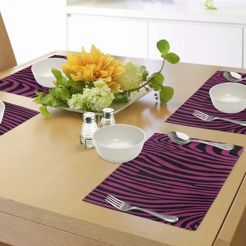 Vista 4 de Ambesonne Juego de 4 manteles individuales con diseño de cebra rosa, diseño de animales salvajes, mamíferos de selva, diseño bohemio, tela lavable