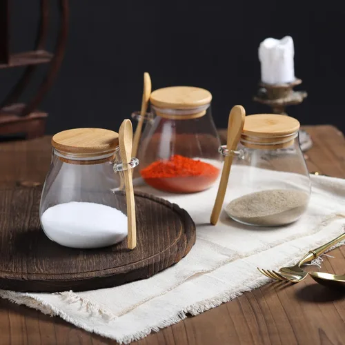 Vista 2 de Joeyan Tarro de vidrio con tapa hermética de bambú y cuchara adjunta, recipiente de condimentos para especias de azúcar y sal de 12 onzas, olla