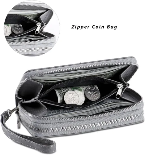Vista 4 de HAWEE - Cartera para teléfono celular, con dos cierres y correa larga extraíble para la muñeca, para mujer