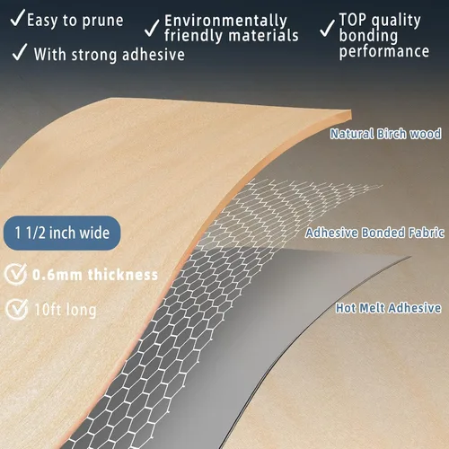 Vista 2 de Bandas de Borde de Abedul, rollo de 1 1/2 pulgadas x 10 pies de Bandas de Borde de Chapa - Pre-encoladas Flexibles, Cinta de Madera Real