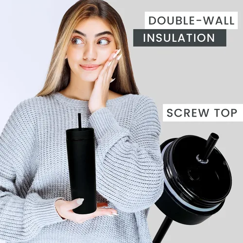 Vista 4 de SKINNY TUMBLERS - Paquete de 4 vasos de acrílico color pastel mate con tapa y popote, perfecto para el hogar, fiestas, viajes, vaso de plástico Negro
