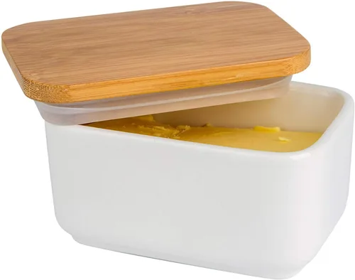 Vista 9 de Mantequillera con tapa, recipiente de porcelana con tapa de madera para mantequilla, apto para microondas, contenedor de almacenamiento