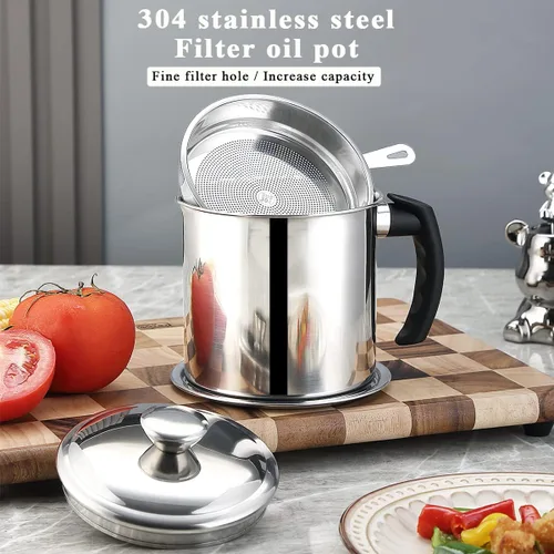 Vista 3 de Berglander Recipiente de grasa de tocino con colador de 47 oz/1.4 L, recipiente de almacenamiento de aceite de acero inoxidable con filtro de malla