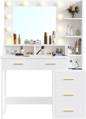 Vista 9 de Tiptiper - Tocador de maquillaje blanco con 10 bombillas, mesa de tocador moderna con espejo y 3 modos de iluminación, mesa de maquillaje con 2