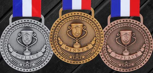 Vista 6 de Medallas de bronce dorado y plateado para premios de trofeo del 1er 2º y 3er lugar, acabado brillante o antiguo con cinta de satén roja, blanca