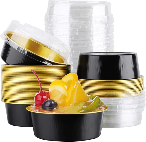 Vista 9 de EUSOAR Ramequines desechables con tapas, 50 unidades de papel de aluminio para hornear, moldes de 5.1 fl oz para cupcakes para tartas, quiche Lluvia