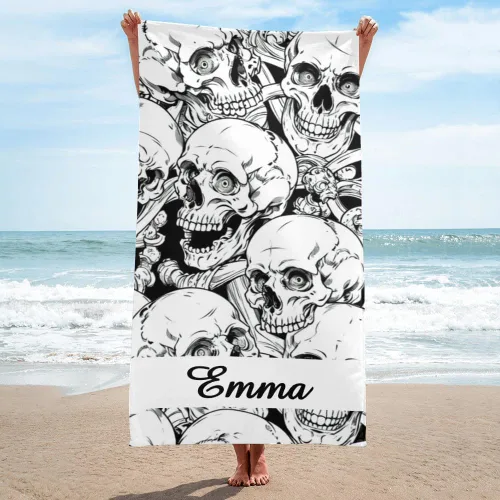 Vista 2 de Toalla de playa personalizada con nombre, Día de los Muertos, calavera, natación, viajes, toallas de baño, deportes, regalos de cumpleaños, 30 x 60