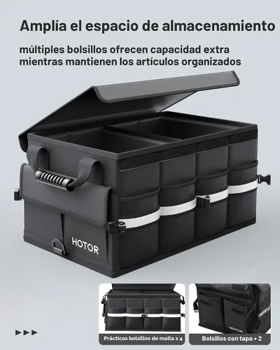 Vista 2 de HOTOR Organizador de maletero de automóvil, organizador plegable para SUV, almacenamiento de automóvil con tiras reflectantes y cubierta