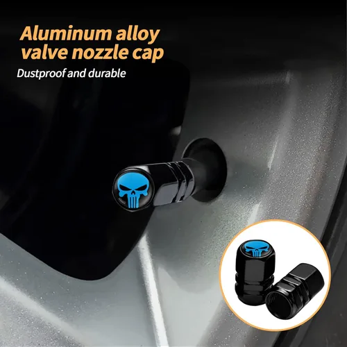 Vista 3 de 4 tapas de vástago de válvula de neumático de automóvil con forma de calavera, cubiertas universales de metal a prueba de polvo, tapas de aire