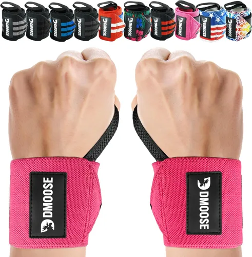Vista 13 de DMoose Fitness Muñequeras para levantamiento de pesas de 18 pulgadas – Envoltura de gimnasio resistente con lazo para el pulgar para apoyo y alivio