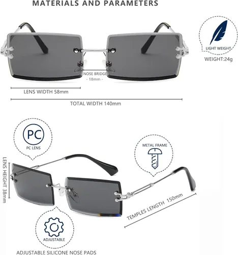 Vista 5 de LASPOR Gafas de sol rectangulares sin montura retro para mujeres y hombres, lentes teñidas de metal dorado, sin marco, gafas cuadradas vintage
