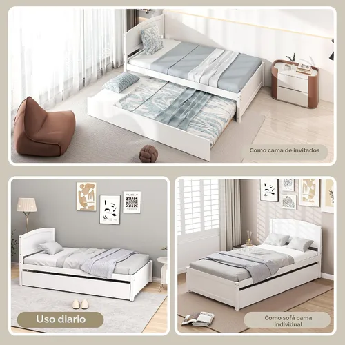 Vista 6 de Cama nido individual, marco de cama extraíble de madera maciza, cama de día extensible con cabecera y soporte de listones de madera sólida Blanco