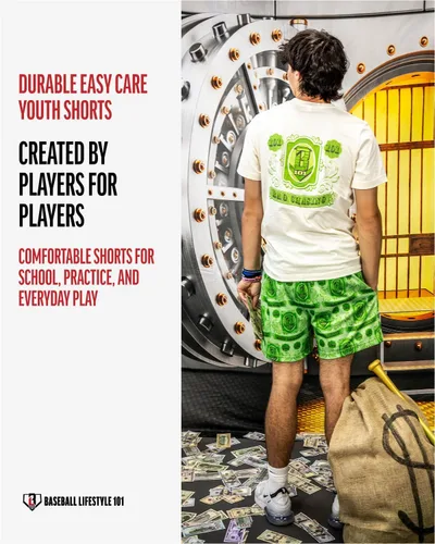 Vista 5 de Baseball Lifestyle 101 Pantalones cortos de malla Bag Chaser para niño con bolsillos laterales y cintura elástica, entrepierna de 5 pulgadas, tallas