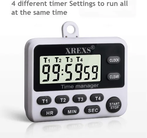 Vista 8 de XREXS Reloj digital de temporizador de cocina de 4 canales con pantalla LCD grande, 4 grupos de temporizador simultáneo de cuenta regresiva