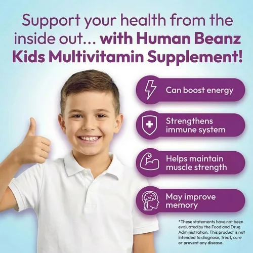 Vista 4 de Human Beanz Gomitas multivitamínicas con zinc para niños, suplementos dietéticos de apoyo inmunológico, vegetariano, 120 granos de gelatina Berry