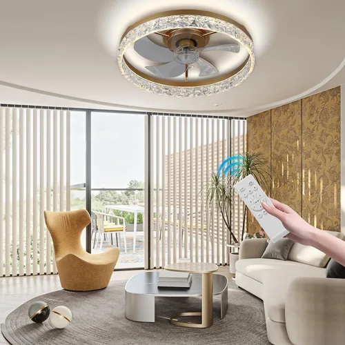Vista 2 de FRIXCHUR Ventilador de techo de cristal dorado con luz y control remoto, lámpara de araña de 20 pulgadas 1-dorado
