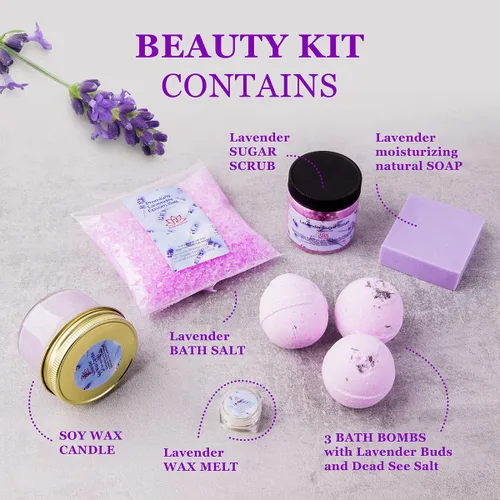 Vista 5 de Cesta de regalo para mujer, juego de regalo de lavanda orgánica, baño y cuerpo en casa, kit de spa, vela de cera de soja, sal de baño de aceite