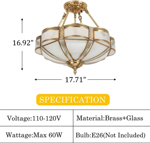 Vista 9 de Lámpara de techo de latón de 4 luces semiempotrada, candelabro dorado para comedor, lámpara de techo de vidrio esmerilado, luz empotrada moderna