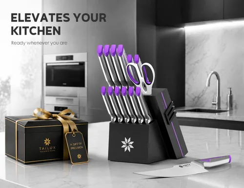 Vista 4 de ASETY Kitchen Knife Set, 15 PCS One-Piece Stainless Steel Knife Block Set Razor-Sharp Kitchen Knives, Ergonomic Non-Slip Handle for Kitchen