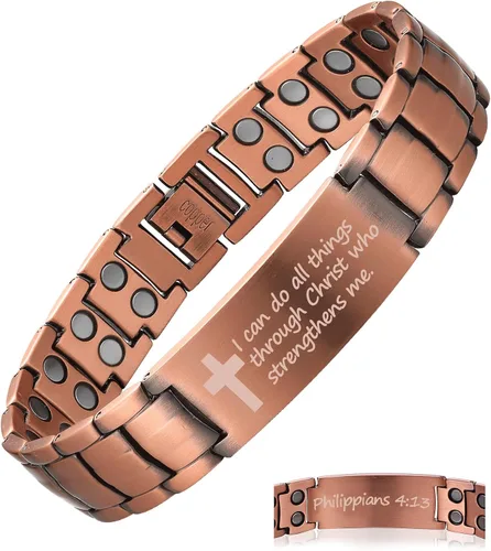 Vista 18 de MagEnergy Pulsera de cobre para hombre, pulsera magnética cristiana con imanes ultra fuertes, diseño de cruz bíblica ajustable, regalo de joyería