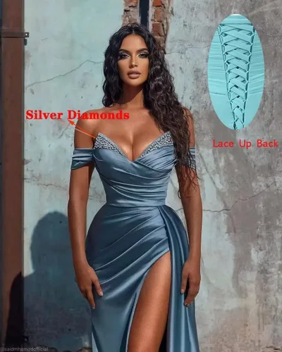 Vista 2 de Dymaisei Vestidos de baile de graduación con hombros descubiertos, vestidos de dama de honor de satén para mujer, vestidos formales con cuentas