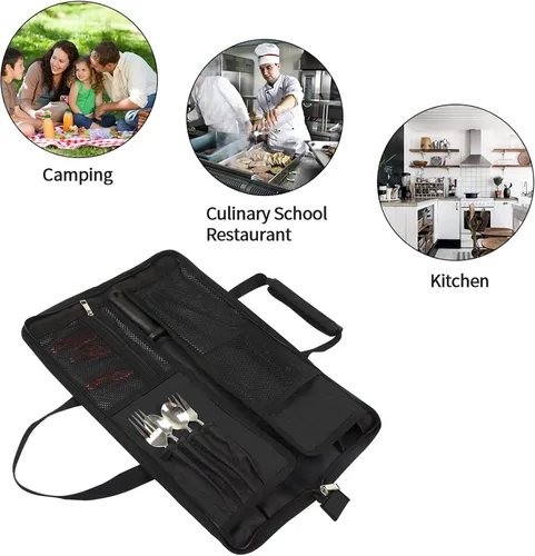Vista 6 de Bolsa de rollo para cuchillos de chef, bolsa de cuchillo de chef Oxford resistente, estuche portátil para cuchillos de chef de 13 ranuras