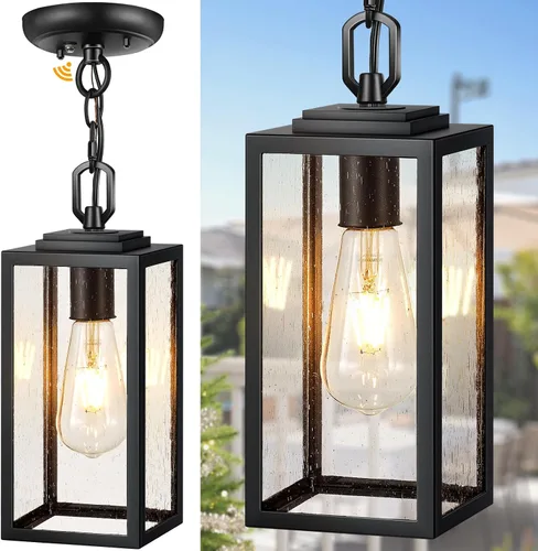 Vista 10 de VIANIS Luces colgantes al aire libre, lámparas colgantes exteriores para porche delantero, moderna iluminación exterior negra para patio con vidrio