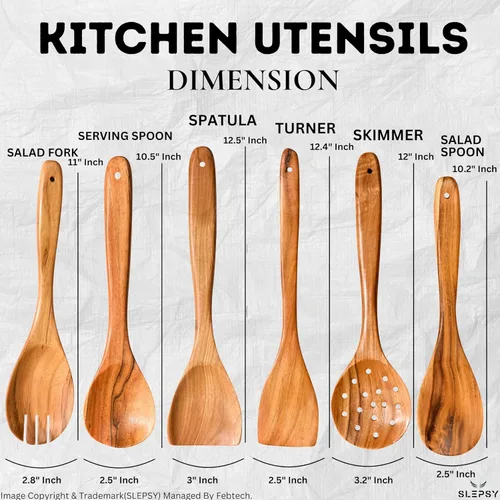Vista 2 de Juego de 6 cucharas y utensilios de madera para cocinar, herramientas de cocina de madera de teca de acabado liso con agarre cómodo, cucharas