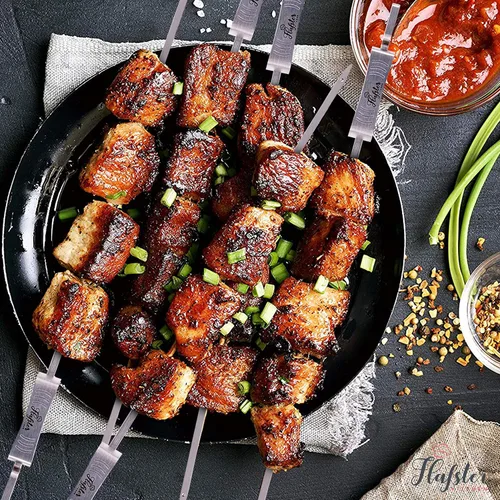 Vista 6 de FLAFSTER KITCHEN - Brochetas de barbacoa para asar – Palos de Kebab planos de acero inoxidable de 16 pulgadas con barra de empuje, brochetas