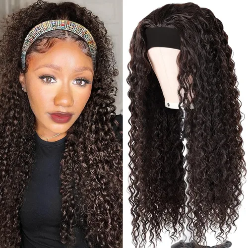 Vista 14 de Peluca de cabello humano con diadema de ondas profundas, sin pegamento, pelucas de cabello rizado sin encaje frontal, pelucas de cabello humano