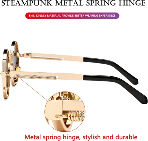 Vista 5 de AIEYEZO Gafas de sol redondas Steampunk con montura de metal gótico, 100% bloqueo UV