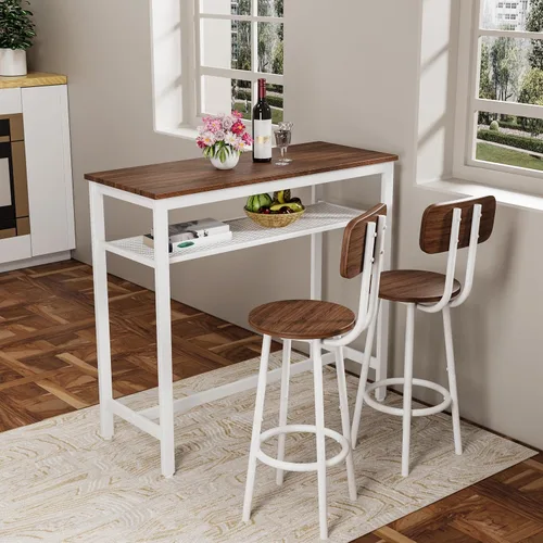 Vista 3 de LUMISOL Juego de mesa de barra de 3 piezas con almacenamiento para 2, moderno juego de mesa de comedor de metal con 2 taburetes, ahorra espacio