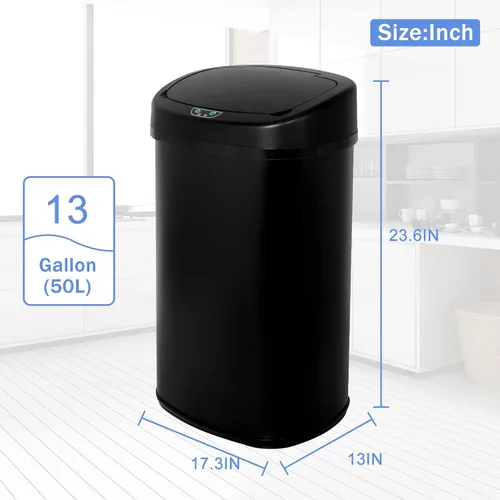 Vista 6 de Bote de basura automático de 13 galones, con sensor de movimiento y sin tacto, de acero inoxidable cepillado con tapa, diseño silencioso, cubo