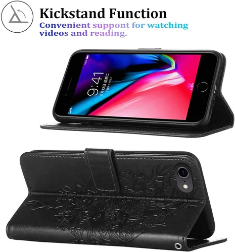 Vista 4 de Funda tipo cartera para iPhone 6/6S/7/8/SE 2022/SE 2020 (negro) Butterfly Floral Embossed Pattern, Wrist Strap, PU Leather, Card Holder Slots