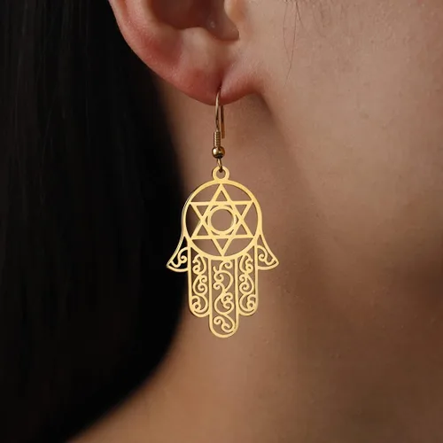 Vista 2 de Hamsa - Aretes hexagonales de mano de Fátima con estrella de David contra el mal de ojo, nudo celta judío, protección para mujer, amuleto
