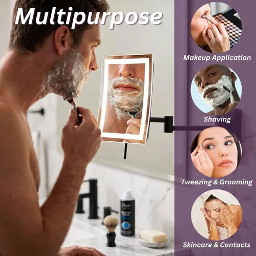 Vista 6 de JERDON Espejo de maquillaje rectangular para montaje en pared con aumento 5X, espejo de maquillaje de alambre directo con luces LED, negro mate