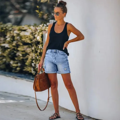 Vista 6 de Gecau Pantalones cortos de mezclilla casuales para mujer, pantalones cortos de mezclilla rotos a la moda, pantalones ajustados con bolsillo