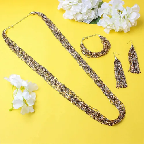 Vista 2 de Pendientes de pulsera de múltiples hebras en capas, collar largo hecho a mano con cuentas para mujer, disfraz de moda, juegos de joyería vintage