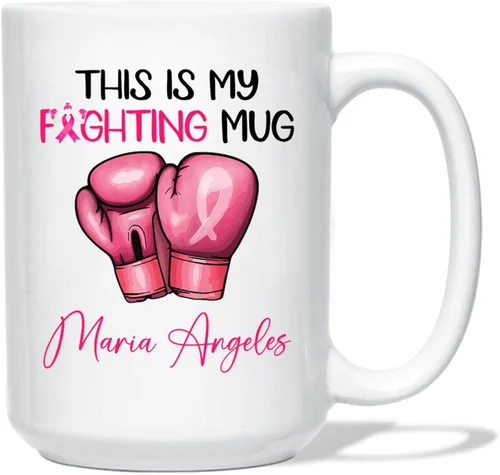 Vista 11 de Taza de café de concientización sobre el cáncer de mama con nombre personalizado, taza de café de 11 onzas, taza de té de cerámica blanca