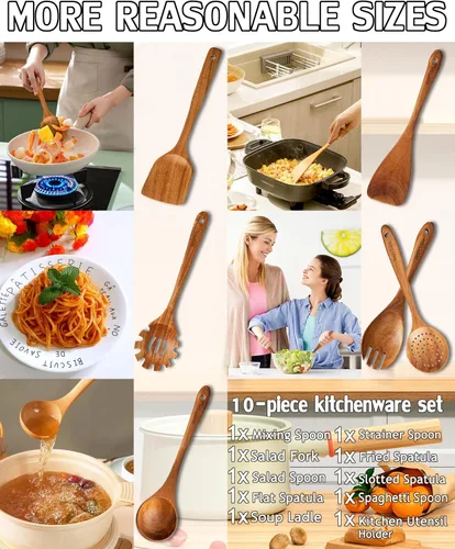 Vista 4 de Cucharas de madera para cocinar, juego de utensilios de cocina de madera, juego de 10 piezas de utensilios de cocina de madera con cucharas