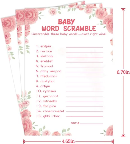Vista 3 de OLOUTAB 50 Juegos de Baby Shower para Niña - Juego de Palabras con Tema Floral, Cartulina Gruesa, Divertido y Fácil de Jugar (Con Respuesta)