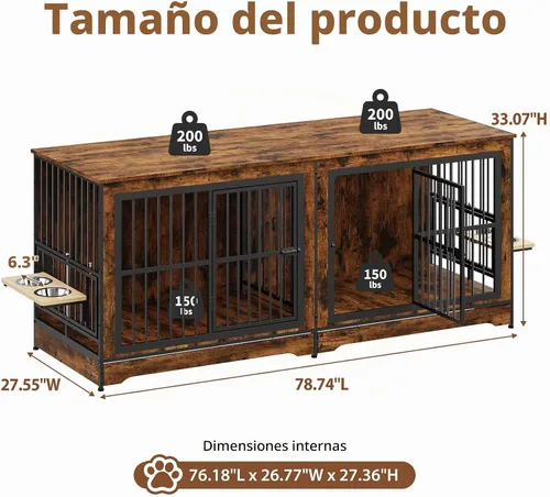 Vista 2 de Rovibek 78 Mueble Jaula Doble para Perros para 2 Perros Grandes de Interior, Muebles de Madera Jaulas para Perros con Cuenco para Perros, Mueble